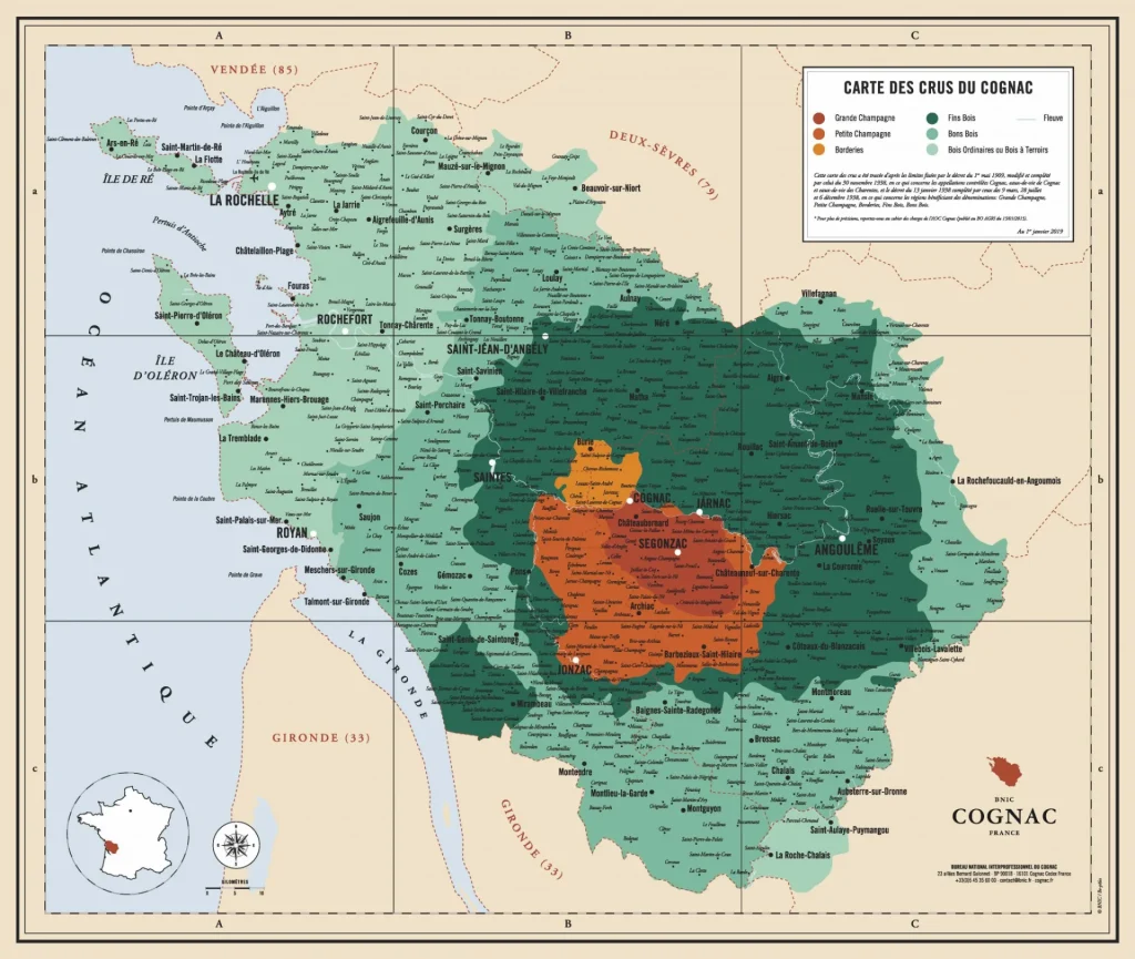 Map of Cognac growths, Grande Champagne, Petite Champagne, Borderies, Fins Bois, Bons Bois, and Bois Ordinaires