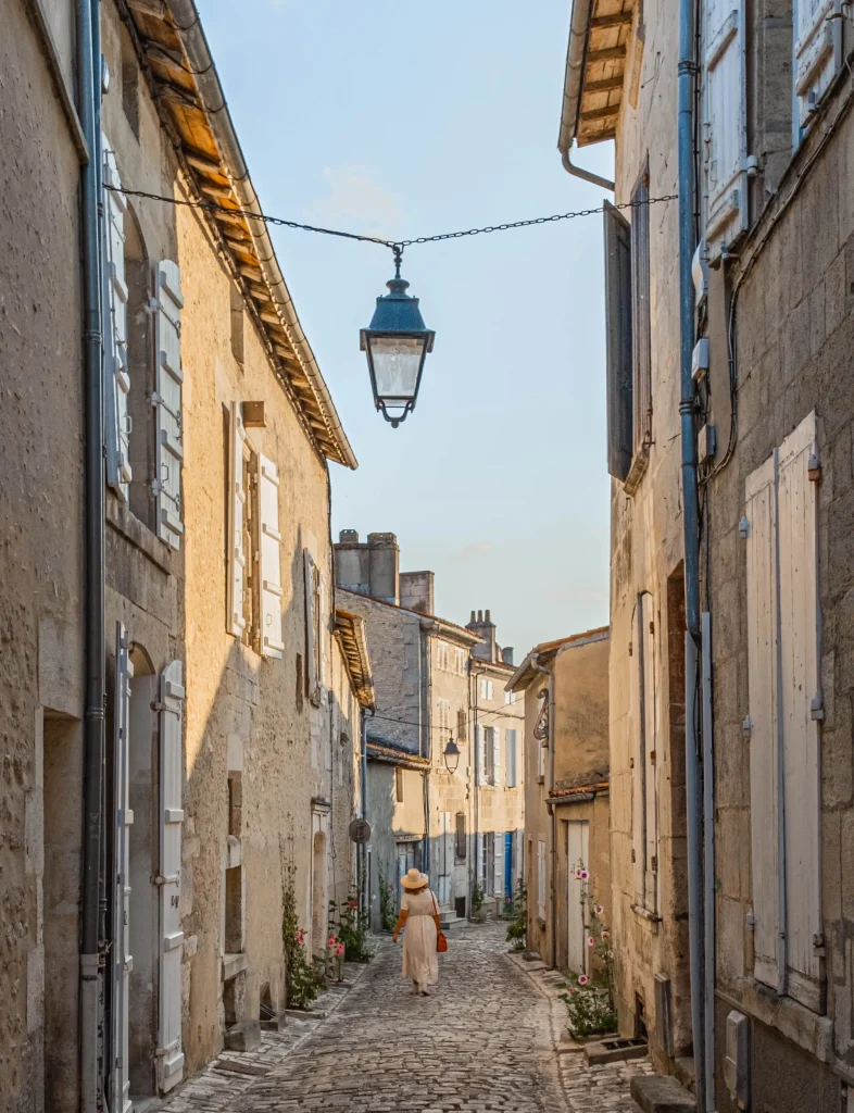 Rue Henri Germain in Cognac, a narrow cobbled street lined with hollyhocks in the town's old town center.