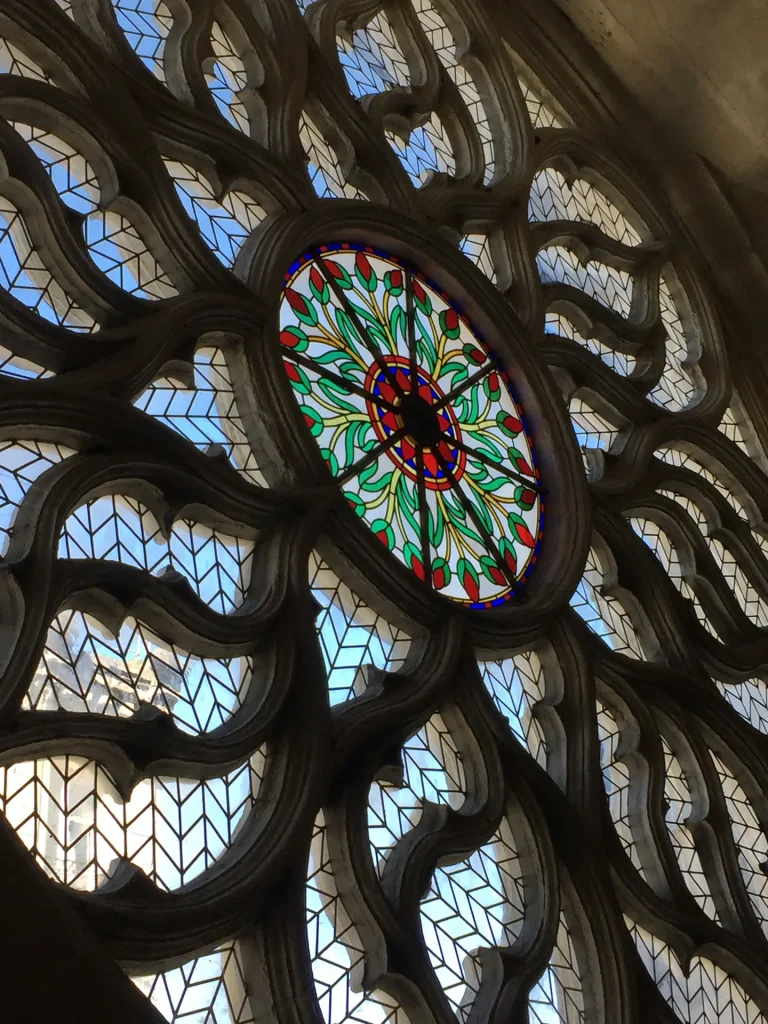 Rosace, stained glass window on the façade of the church of Saint Léger in Cognac