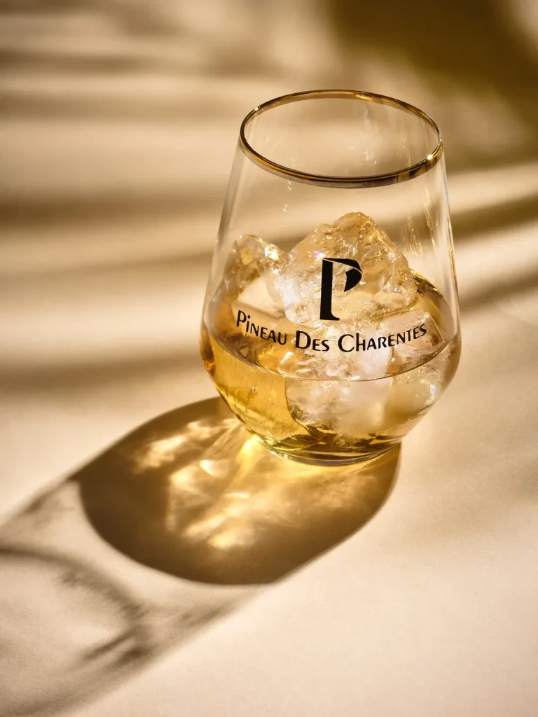 Glass of white Pineau des Charentes on the rocks.