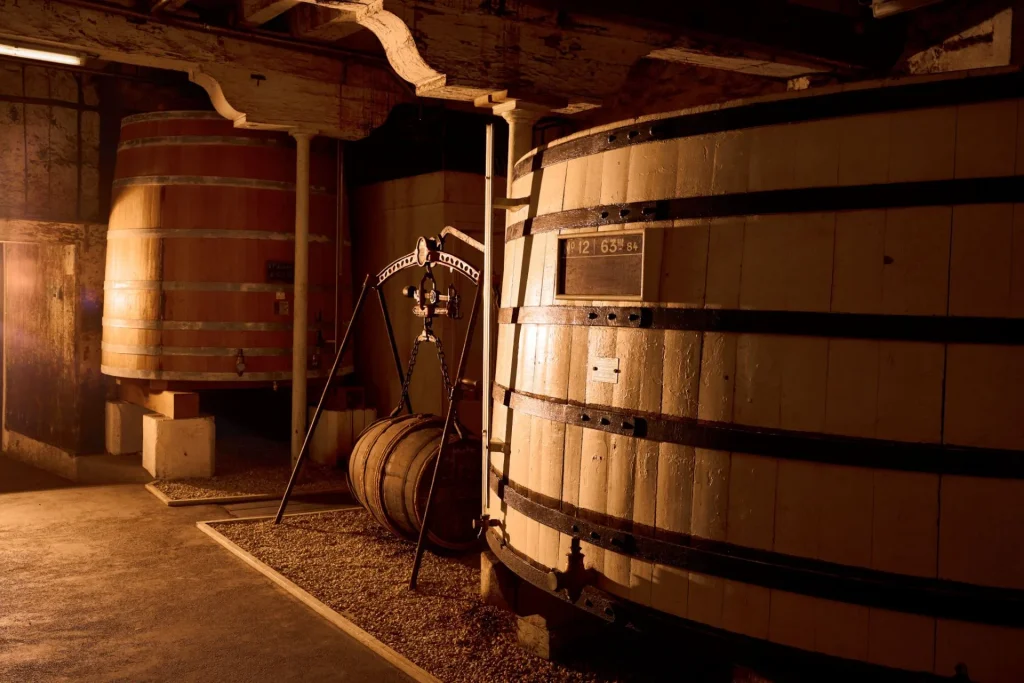 Ageing cellar for cognac eaux-de-vie, casks, barrels and barrels at the Château de Cognac and property of Baron Otard and d'Ussé cognacs