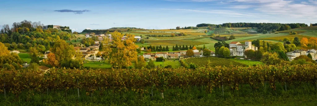 Bouteville, village de Grande Champagne en Charente, vue sur le vignoble en automne avec l'église et le château