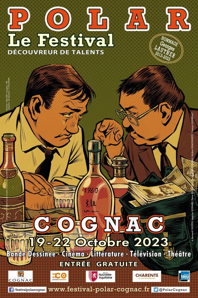 Affiche de l'édition 2023 du festival du polar à Cognac, hommage à Georges Lautner, illustration du film les tontons flingueurs