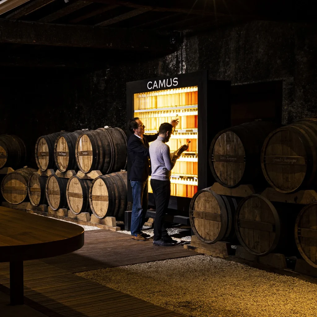 Barrels, casks, barrels, two men look at bottles in an ageing cellar for eaux-de-vie at the Camus cognac house in Cognac