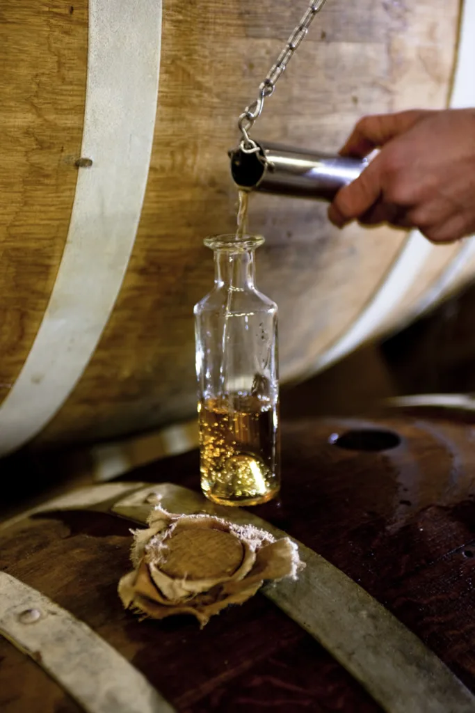 Echantillon d'eau de vie de Cognac dans un chai de vieillissement de la maison de négoce Louis Royer à Jarnac