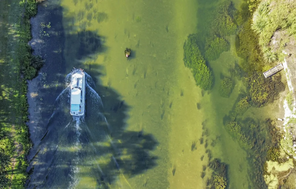 Barge on the Charente river seen from the sky