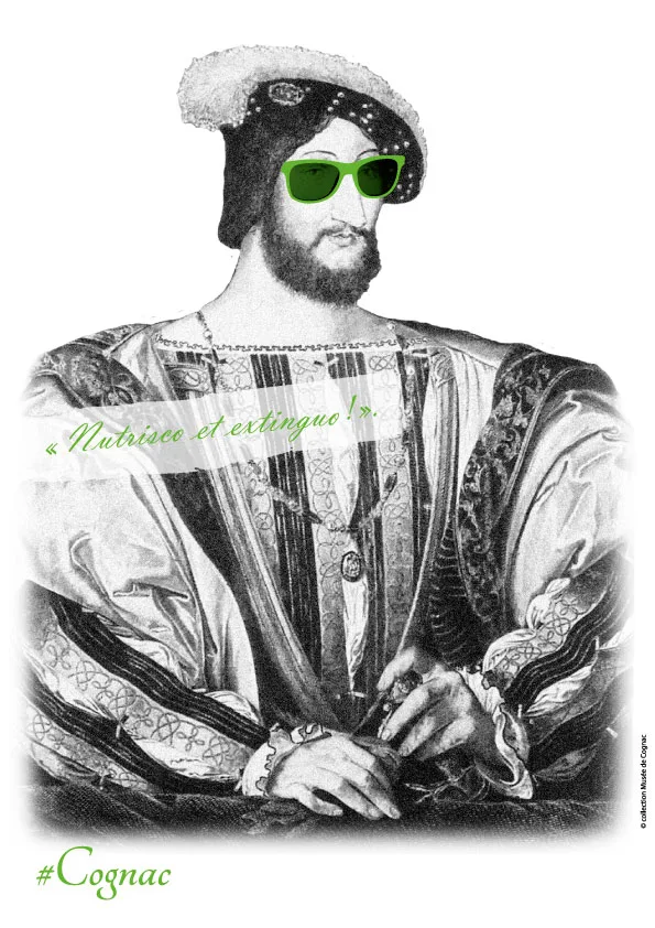 Portrait de François 1er hipster avec ses lunettes de soleil et sa devise Nutrisco et extinguo