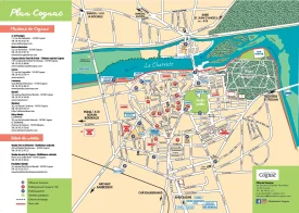 Plan de la ville de Cognac, avec les grandes maisons de négoce, les musées, les parkings, l'office de tourisme