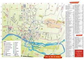 Plan de ville de Jarnac avec les maisons Courvoisier, Braastad, Hine, la Maison natale de François Mitterrand mais aussi l'office de tourisme, la gare, le camping et le marché ...