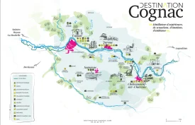 La carte de la Destination Cognac avec le fleuve Charente, les villes de Cognac, Jarnac, Segonzac et Chateauneuf sur Charente, la Flow vélo