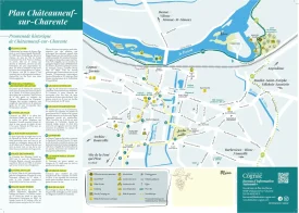 Plan de ville de Châteauneuf-sur-Charente avec sa promenade historique, l'office de tourisme, la gare, le camping, le bain des Dames ...