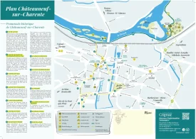 Town map of Châteauneuf-sur-Charente with its historic promenade, tourist office, train station, campsite, bain des Dames leisure area ...