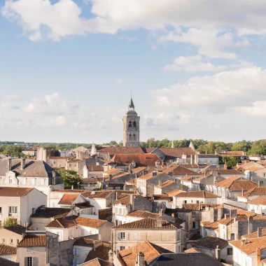 View of the roofs of the town of Cognac, with the steeple of Saint Léger church in the distance