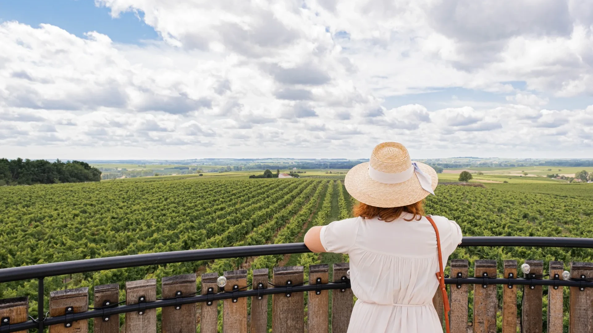 A woman admires the view of the Maison Boinaud vineyard and the Charente countryside in summer.
