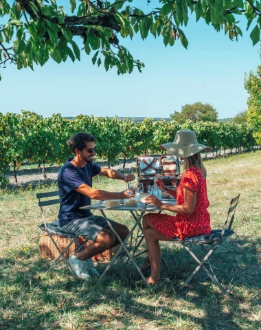 Un couple savoure un pique-nique en amoureux dans le vignoble de cognac à l'ombre d'un cerisier.