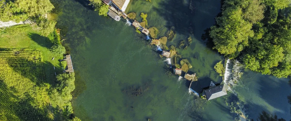 aerial view of the eel fisheries at Saint Simeux on the banks of the River Charente