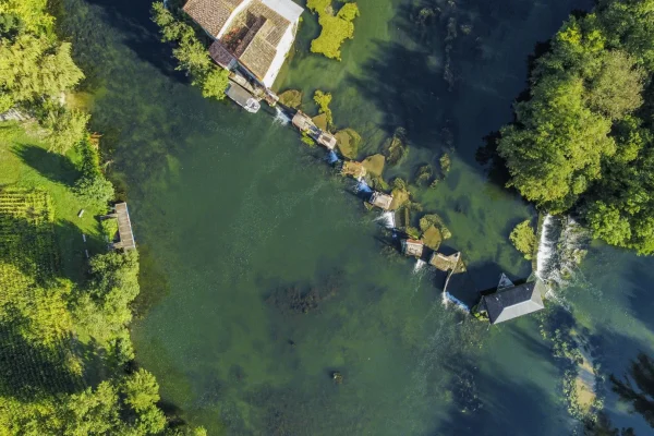 aerial view of the eel fisheries at Saint Simeux on the banks of the River Charente