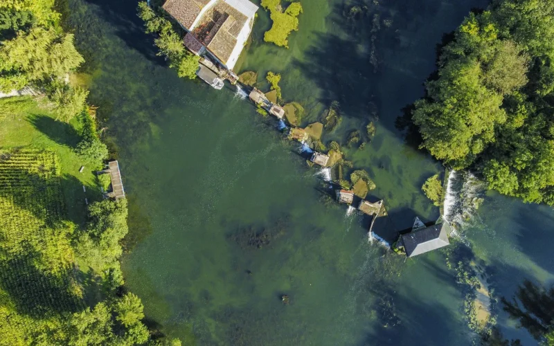 aerial view of the eel fisheries at Saint Simeux on the banks of the River Charente