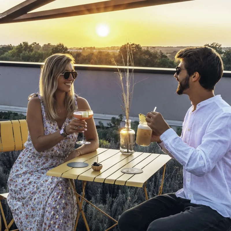 The rooftop bar at the Chais Monnet hotel in Cognac, perfect for enjoying the view of the sunset over a drink.