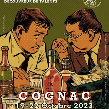 Poster for the 2023 thriller festival in Cognac, tribute to Georges Lautner, illustration of the film les tontons flingueurs