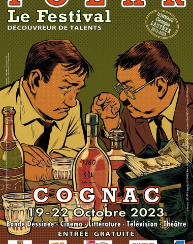 Poster for the 2023 thriller festival in Cognac, tribute to Georges Lautner, illustration of the film les tontons flingueurs