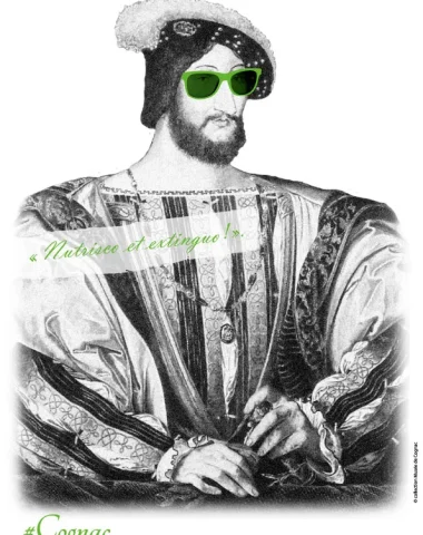 Portrait de François 1er hipster avec ses lunettes de soleil et sa devise Nutrisco et extinguo